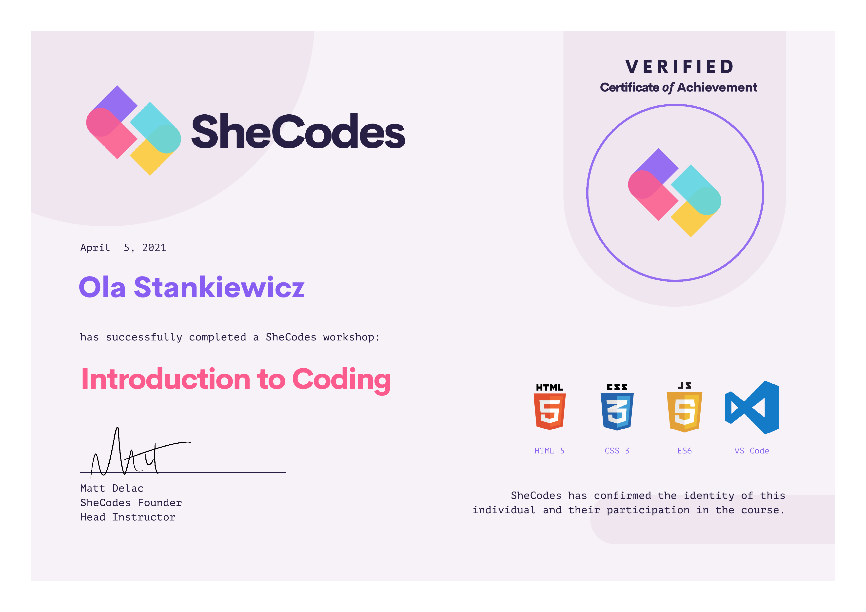 SheCodes Basics certificate